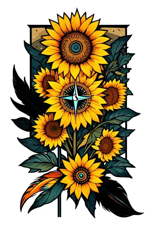 Geometric Compass Sunflowers Feathers
