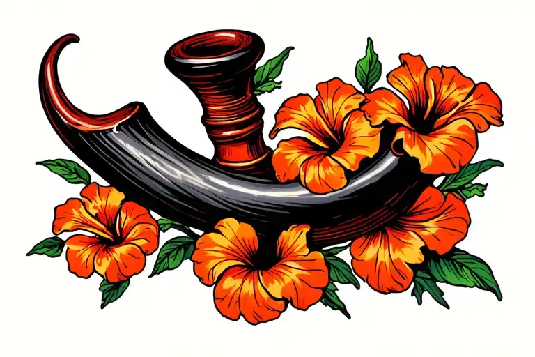 A Black And Red Christian Shofar With Two Small Orange Hibiscus Flowers In Old School Style