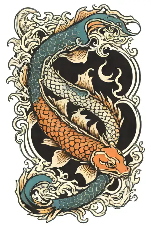 Tattoo With Koi Fish And Dragon Breathing Fire