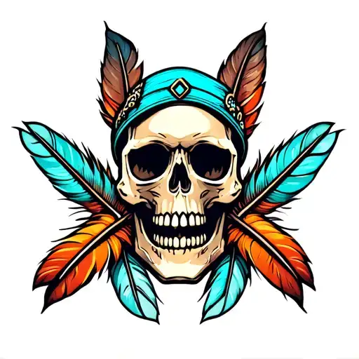 Skull With Feathers And Turquoise