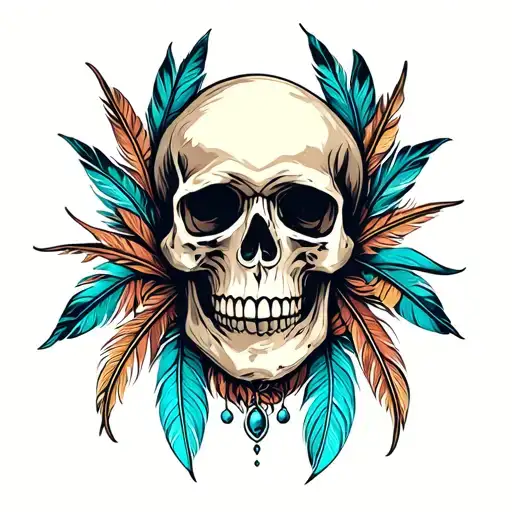Skull With Feathers And Turquoise