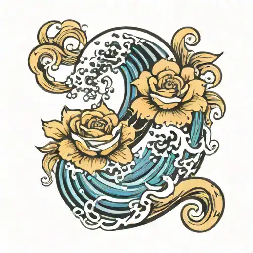 Aquarius Water Wave Tattoo With Flower