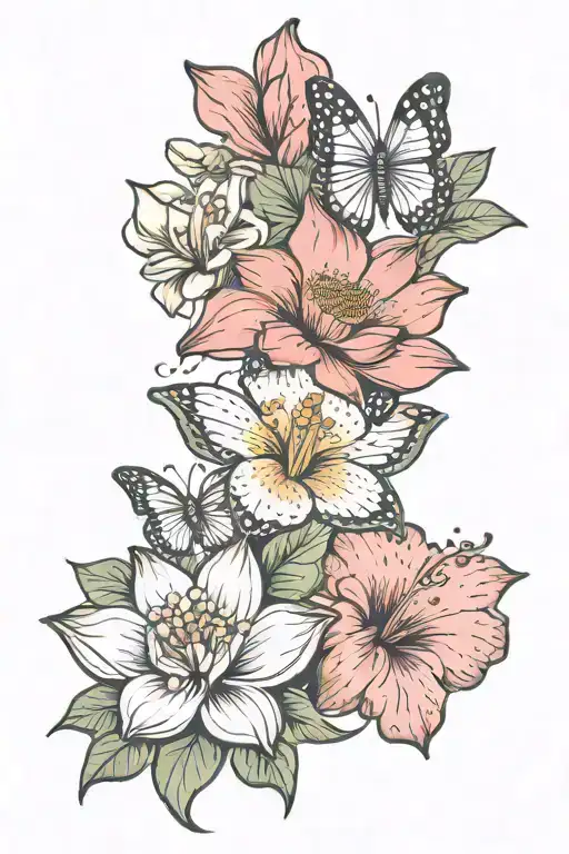 Lotus Flower And Hibiscus Flower With Butterflies