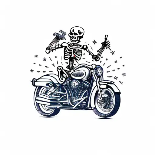 Skeleton On Motorcycle With Liquor Bottle In One Hand And Pistol In The Other