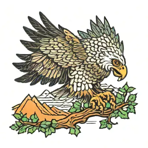 Hawk Taking Off In Flight From Branch To The Mountain Horizon Bold Colors