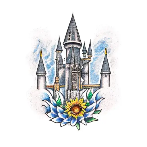 Traditional Style Tattoo Featuring The Hogwarts Castle And A Sunflower