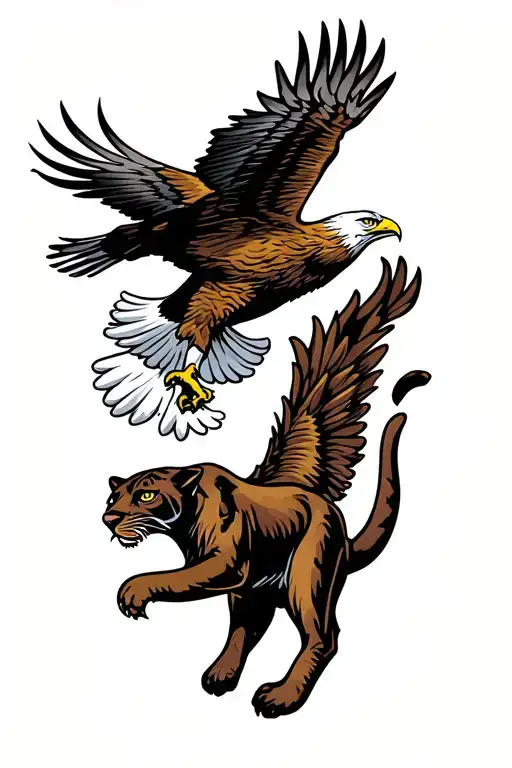 A Traditional Eagle Flying Over A Traditional Crawling Panther