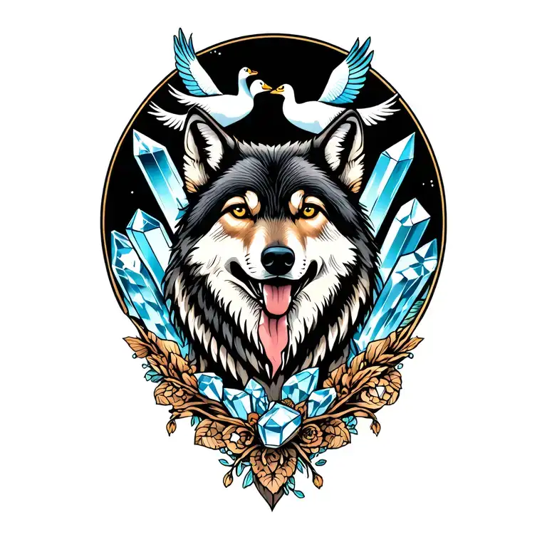 A Wolf In Front Of Crystals With A V Of Geese Above It
