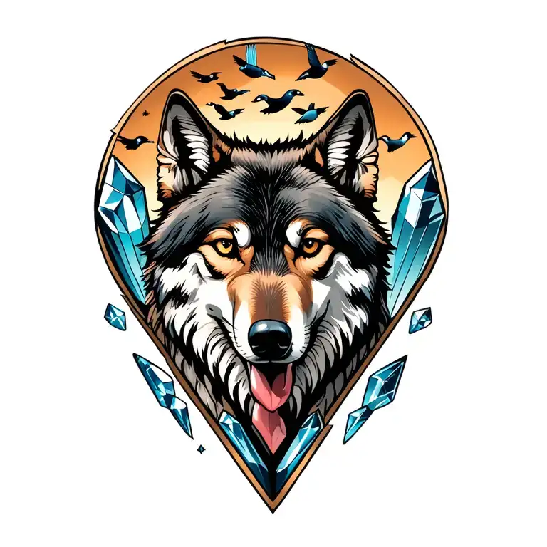 A Wolf In Front Of Crystals With A V Formation Of Geese Above It
