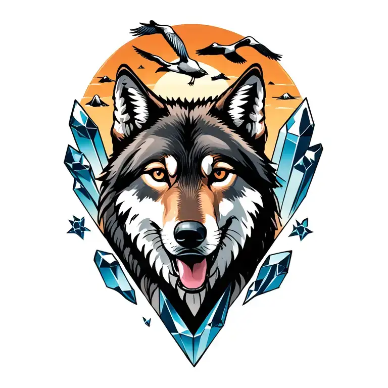 A Wolf In Front Of Crystals With A V Formation Of Geese Above It