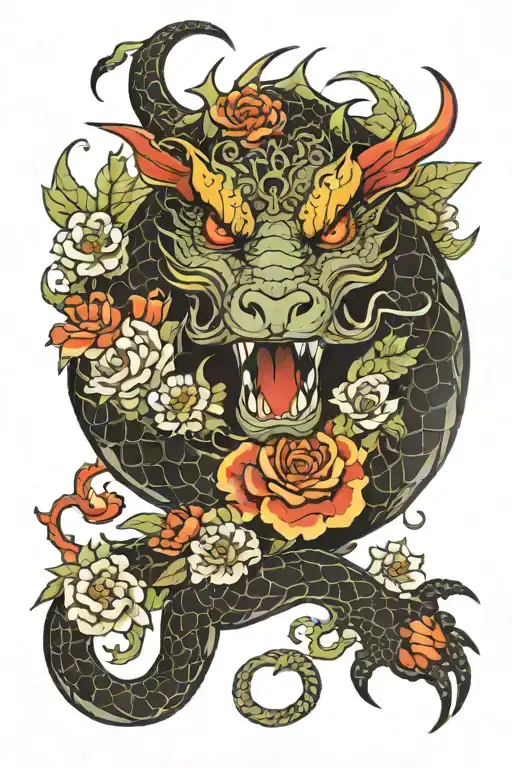 Dragon Coiled With Flowers Surrounding