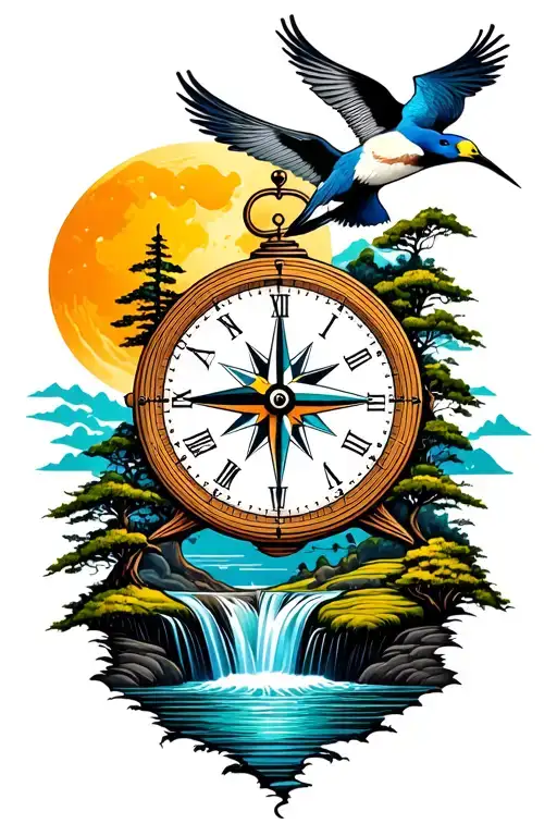 Compass Clock Sun Moon Mountain Waterfall Trees Rice Terrace Ocean Birds
