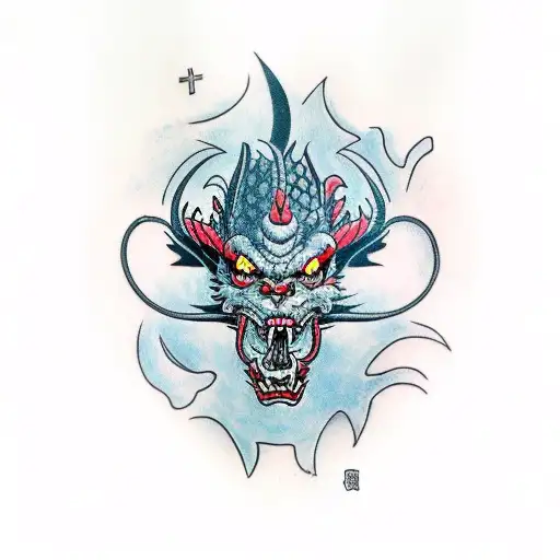 Dragon Wrapping Around A Broken Oni Mask