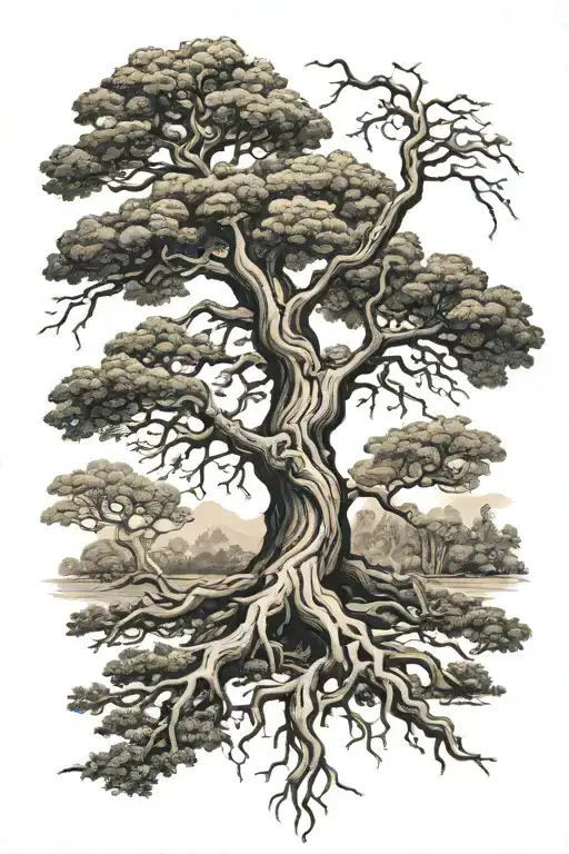 Old Oak Tree With Roots Reaching Deep Forest