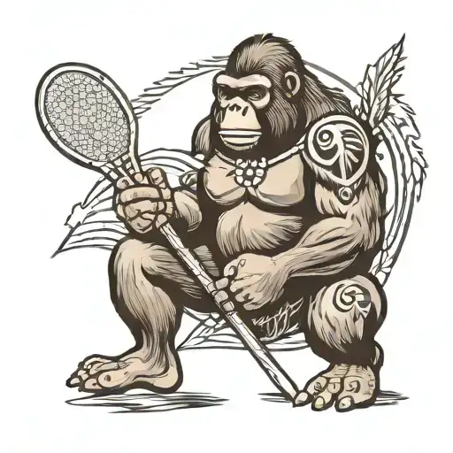 Silverback Gorilla Holding Native American Lacrosse Stick