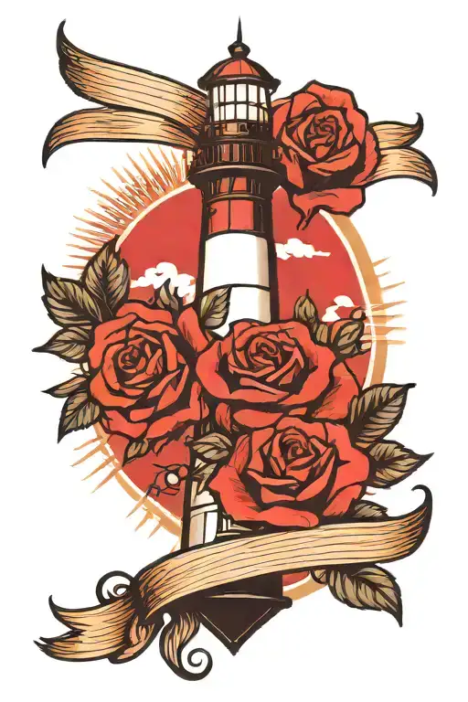 Lighthouse Red And White Old School With A Rose And A Red Sun In The Background