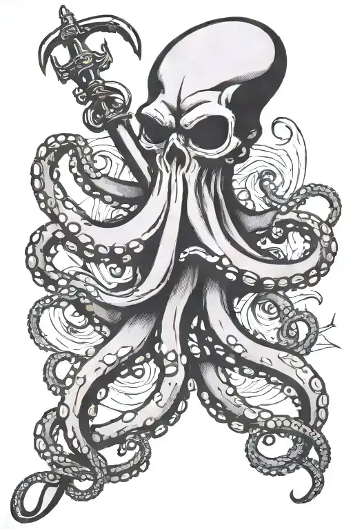Traditional Style Black And Grey On The Forearm Octopus Folding Am Anchor And A Harpoon