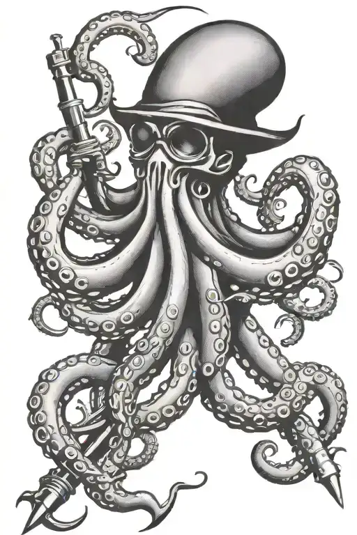 Traditional Style Black And Grey On The Forearm Octopus Holding An Anchor And A Harpoon