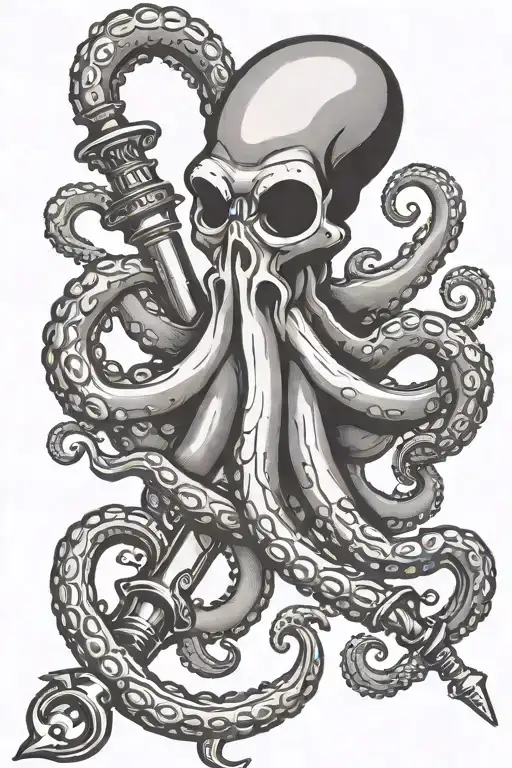 Traditional Style Black And Grey On The Forearm Octopus Holding An Anchor And A Harpoon