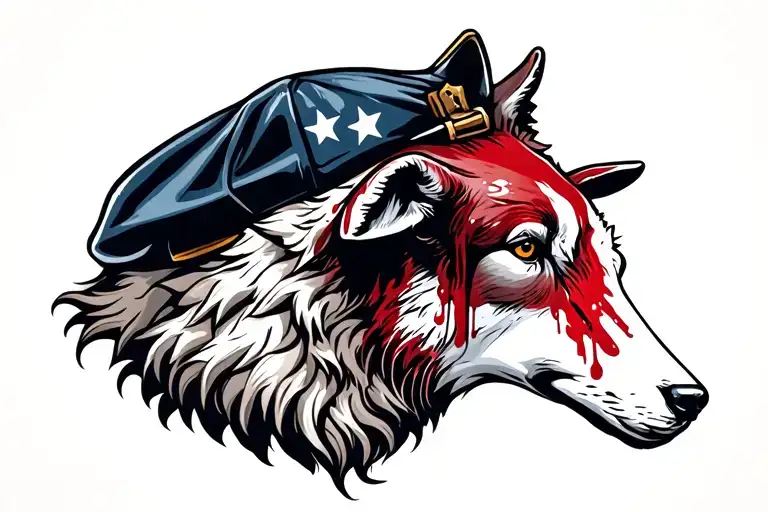 Wolf Wearing A Bloody Lamb Head As A Cap