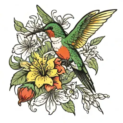 Hummingbird Drinking Honeysuckle Flowers