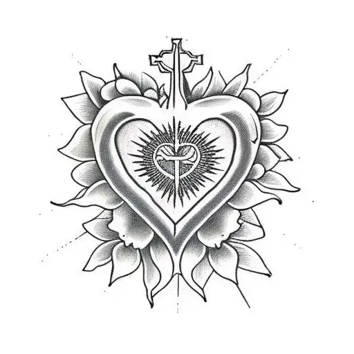 A Line Drawing Of A Sacred Heart With Rays Of Sun And White Lilies In A Mexican Folklore Style