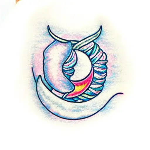 A Tattoo Of A Knitting Needle And Yarn Forming The Shape Of A Crescent Moon