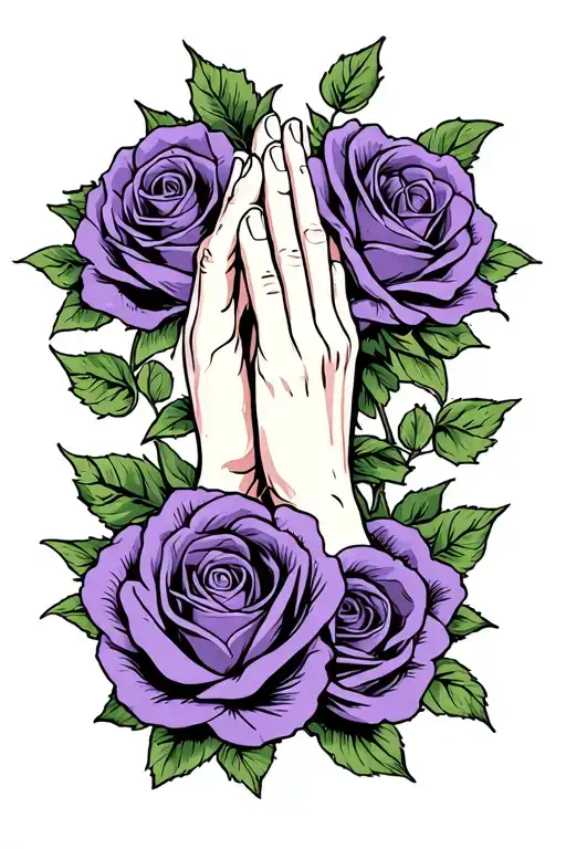 Praying Hands And Purple Roses Intertwined
