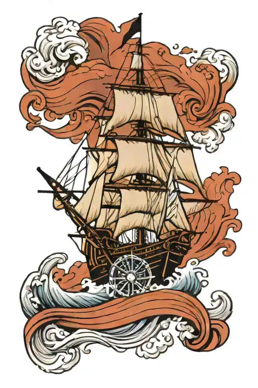 A Majestic Ship Sailing Through Stormy Waves With A Compass Rose In The Background