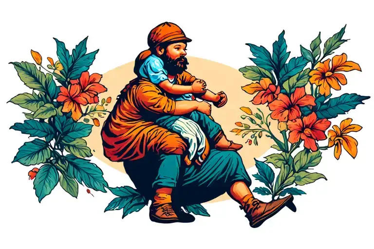 Father With Kid Sitting On His Shoulders While Walking