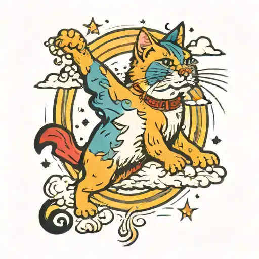 Flaying Cat On A Thunderstorm With Raimbows