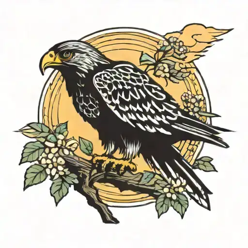 Stoic Hawk On Tree Branch Overlooking Nature Scene Sunrise Bold Colors