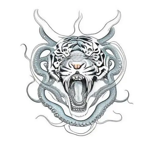 Tiger Head Side On With Octopus Tentacles