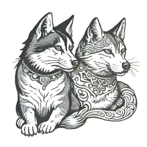 Side View Of A Cat Looking At The Left And A Husky Dog Looking At The Right