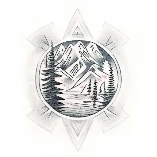 A Black-grey Tattoo Of A Forest Trail With Greek Symbols Hidden Within The Trees