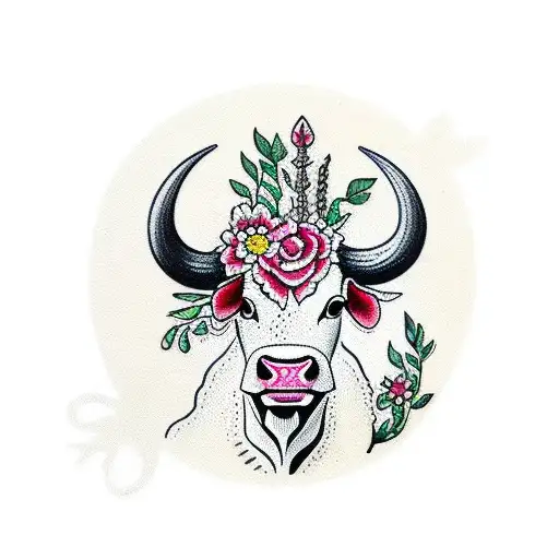A Traditional Cow Adorned With Floral Patterns And Surrounded By Lush Meadows
