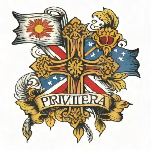 A Cross With A Filipino Flag In Middle And A Banner Saying Privitera