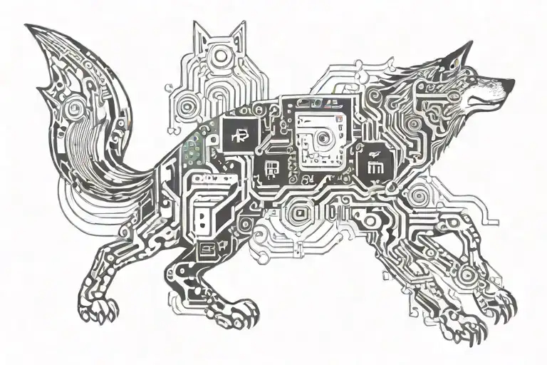 A Tech Support Themed Tattoo Featuring A Circuit Board Pattern Morphing Into A Wolf Silhouette