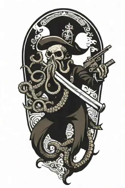 Octopus With Crossed Pirate Sword And Flintlock Pistol