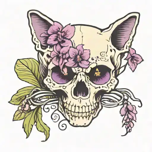 Cat Skull With Purple Orchids Intertwined