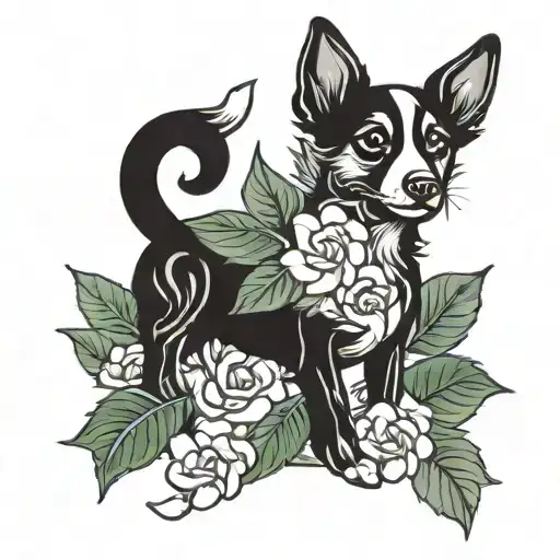 Create And Oldschool Style Tattoo Of A Dog With Flower And Leaf Pattern Of Coat