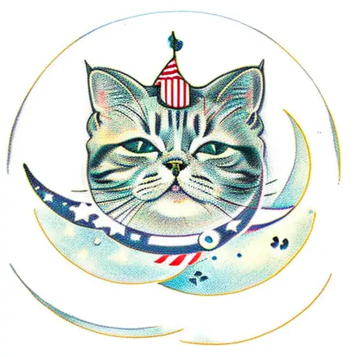 A Cat And A Dog Sitting On A Crescent Moon With Stars Around Them