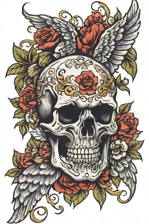 Skullfaced Angel Wings Flowers Surrounding