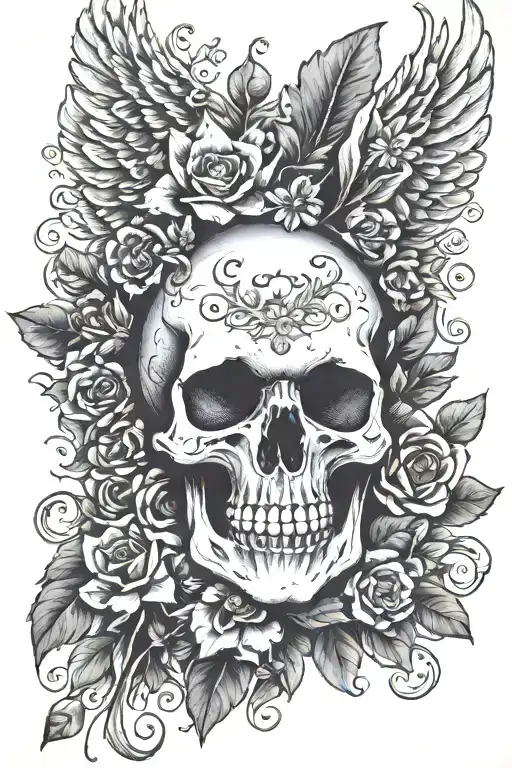 Skullfaced Angel Wings Flowers Surrounding
