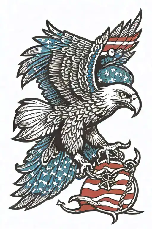 Eagle With American Flag In Beak And Anchor In Talins