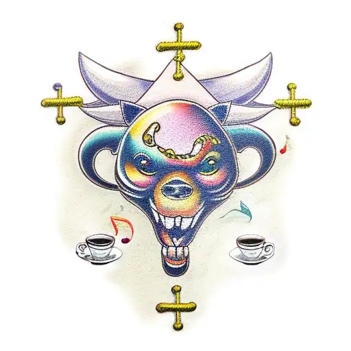 A Traditional Style Tattoo Of A Dancing Animal Surrounded By Coffee Beans And Musical Notes