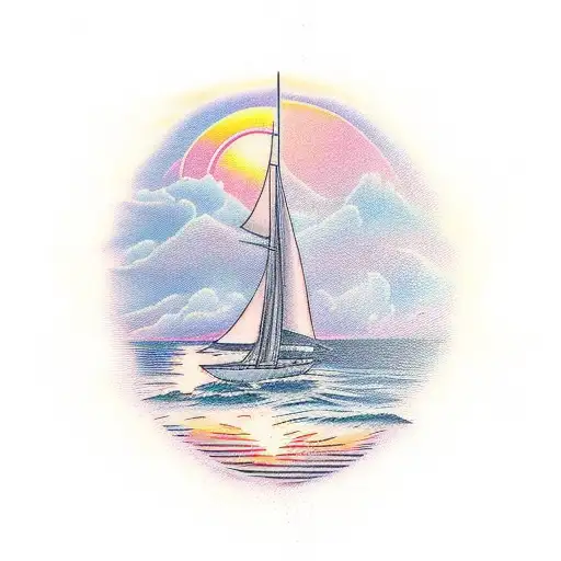 A Serene Seascape With A Solitary Catamaran Sailing Towards A Breathtaking Sunset On The Horizon