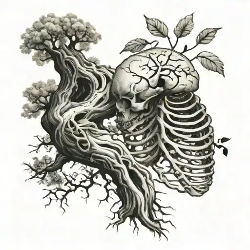 A Tree Wrapped In A Rib Cage With The Spinal Chord Going Into The Dirt For The Roots Of The Tree