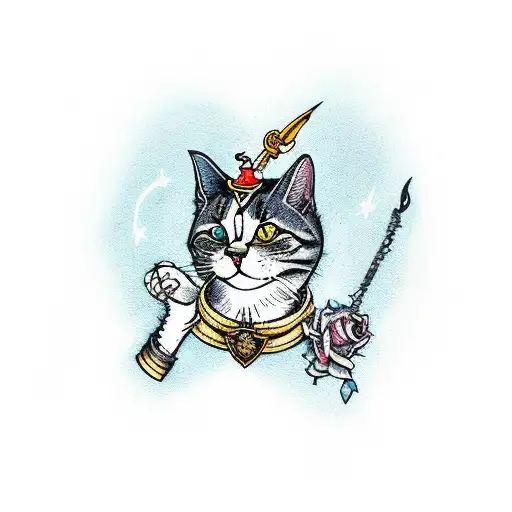 A Powerful Illustration Of A Cat Familiar Wielding A Wand And Surrounded By Symbols Of Natural Magic