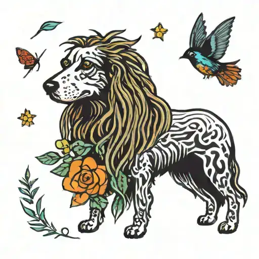A Traditional Tattoo Of A Dog With Dreadlocks Basking In The Sun Next To A Blooming Garden